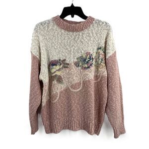 Vintage Needles And Yarn Pink White Floral Appliqué Pearl Pullover Sweater Large